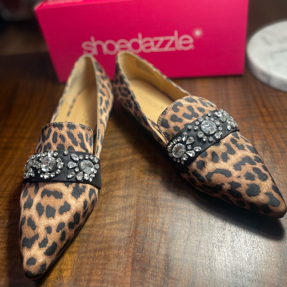 Shoe Dazzle Leopard Print Flats with Rhinestone Detail